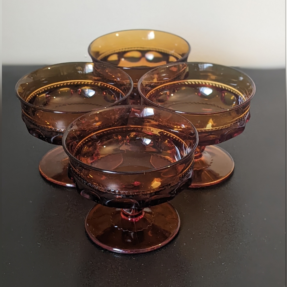 Indiana Amber Glass Kings Crown  Thumbprint 6oz Dessert Footed Bowls Set of 4